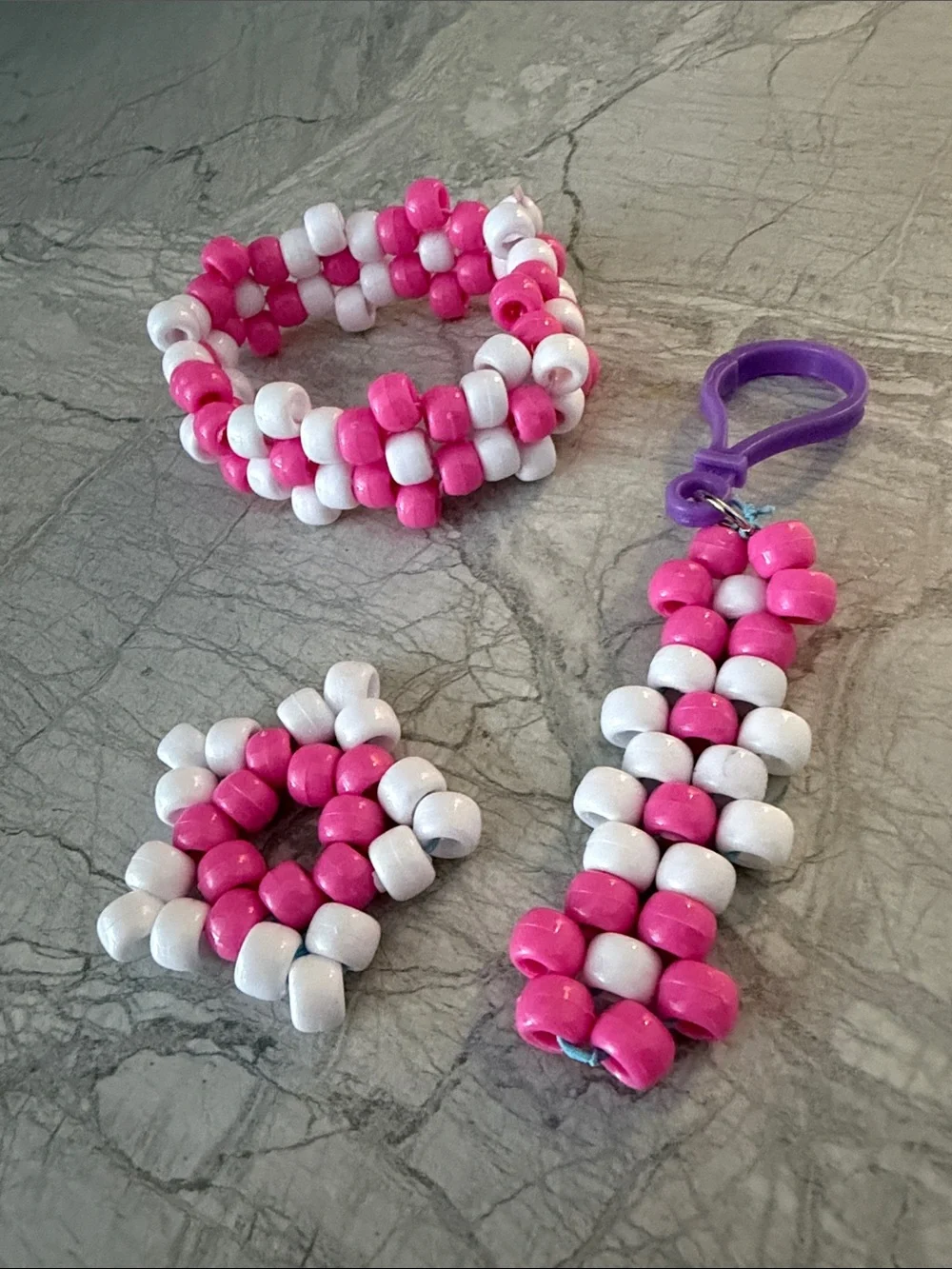 Kids Pink & White Beaded Bracelet, Ring & Keychain Set handmade